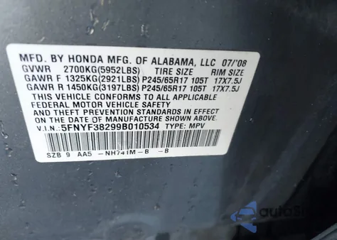 2009 Honda Pilot Lx из США, поврежденный, VIN 5FNYF38299B010534